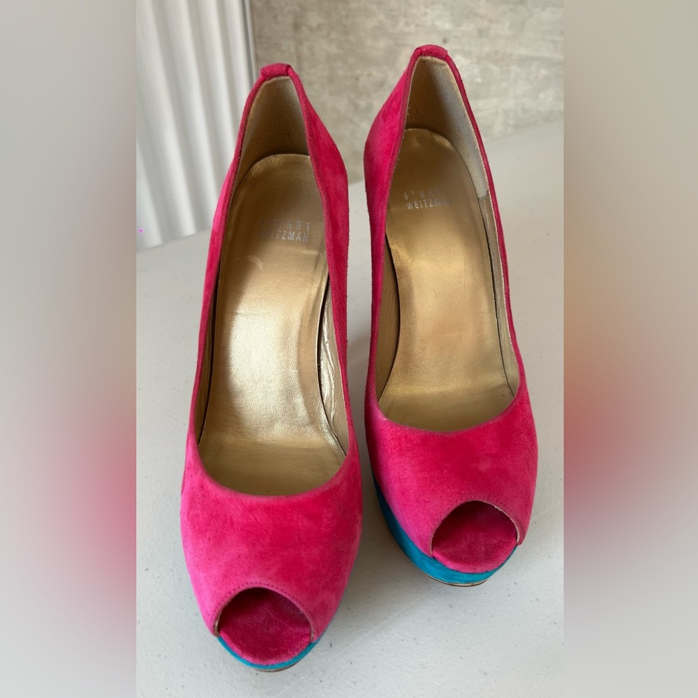 Stuart Weitzman Fuchsia and Turquoise Peep Toe Heels